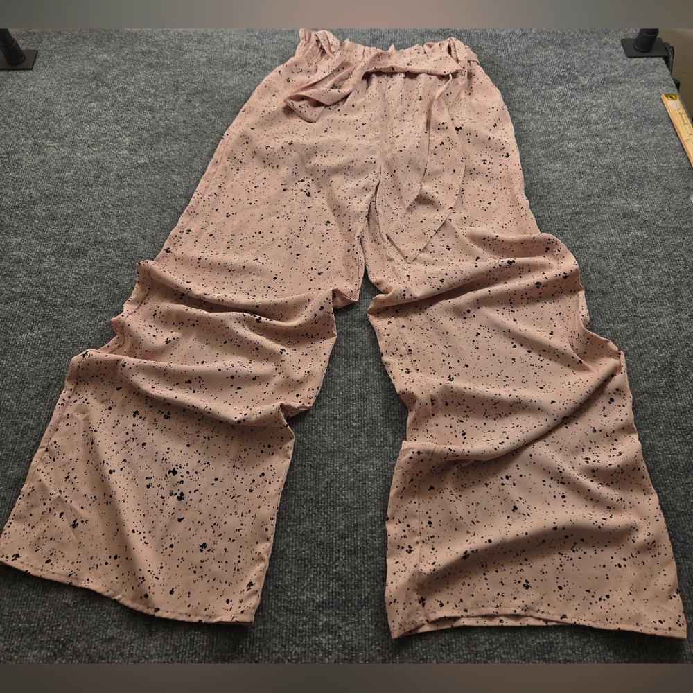 ENTRO Soft Pink Black Splatter Print Wide Leg Paper Bag Belted Palazzo Pants - Picture 5 of 15